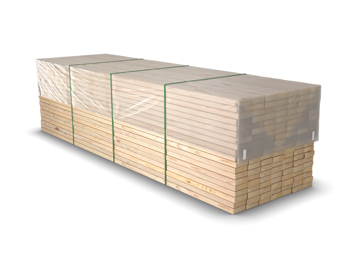 Virkespaket/skivmaterial med täckfolie transparent